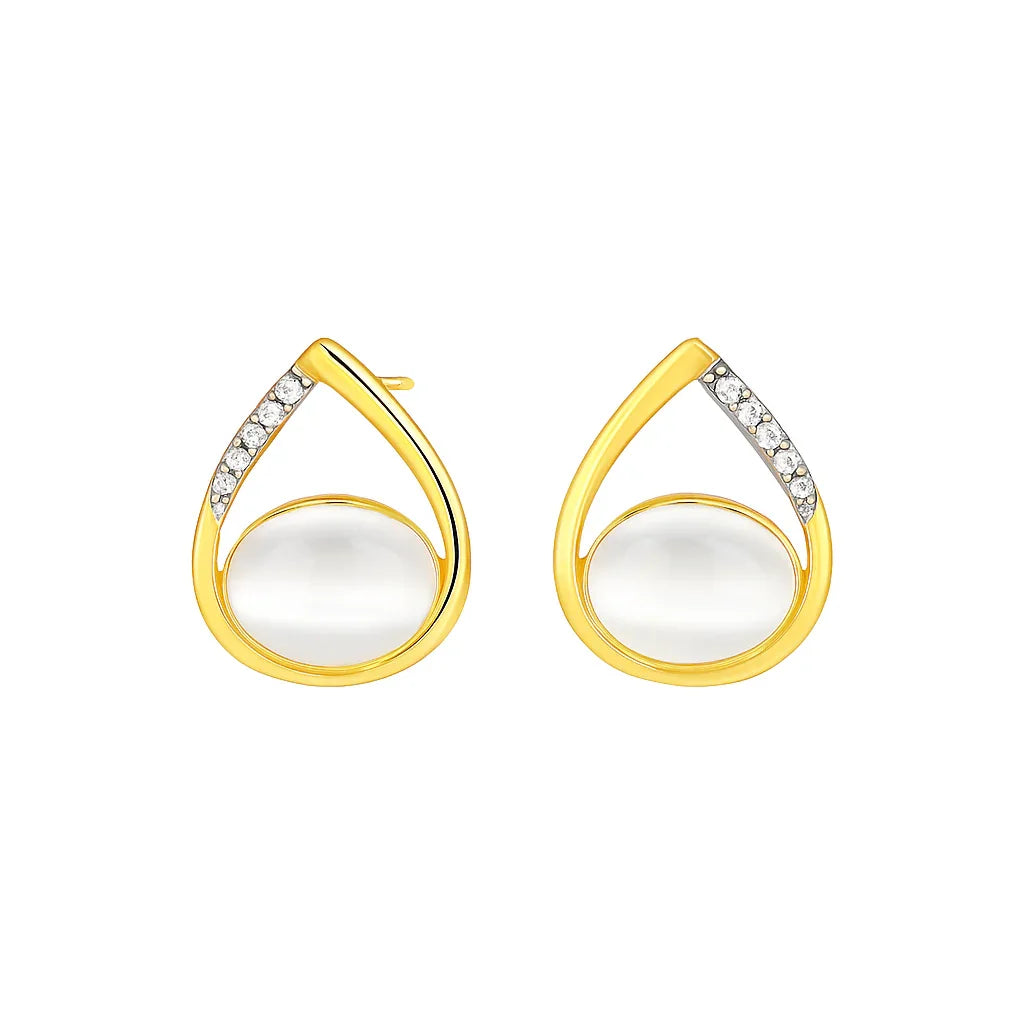 Gold teardrop earrings with clear gemstone center and small accent crystals