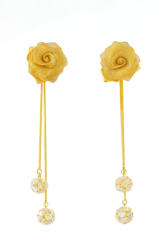 Gold rose drop earrings with long chains and crystal bead accents on white background
