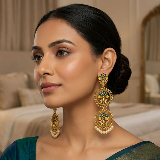Peacock Design Multi-Color Dangler Earrings with Pearl Drops
