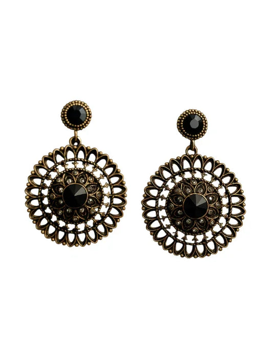 Antique gold circular filigree earrings with black center stones, decorative dangle jewelry