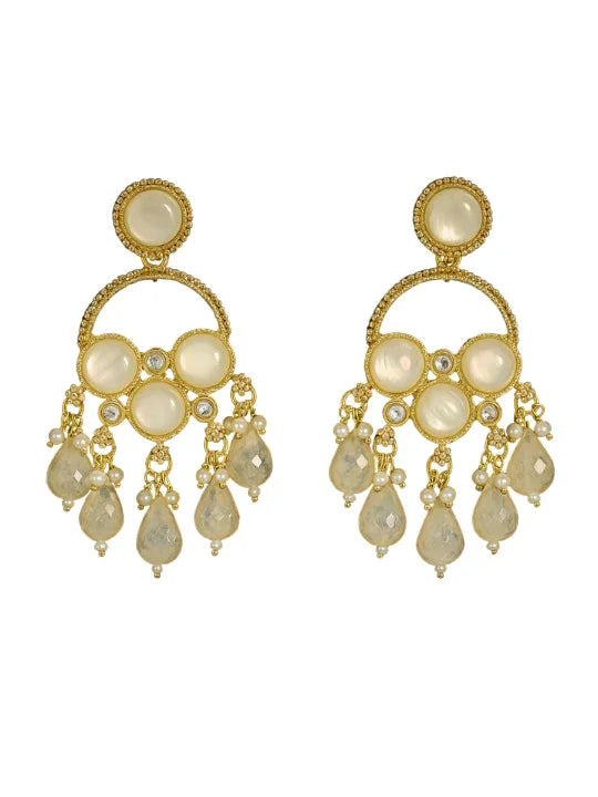 Gold chandelier earrings with round white stones and teardrop crystal dangles
