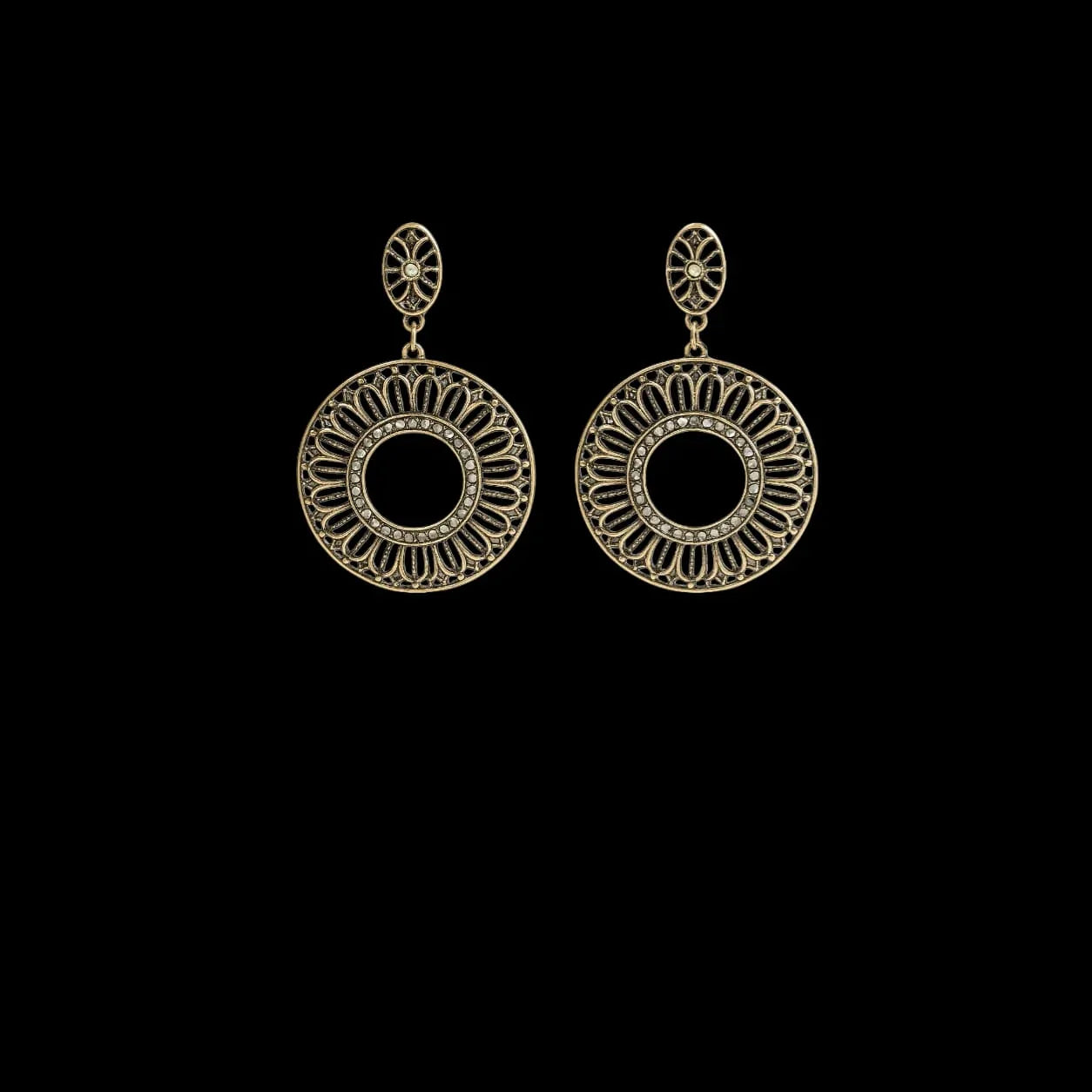 Antique gold-tone circular drop earrings with intricate filigree design on black background