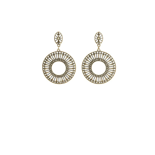 Pair of round gold-tone statement earrings with intricate openwork design on white background