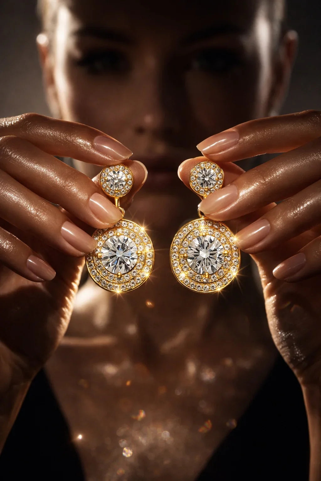 Close-up of hands holding gold dangle earrings with large round crystals and pavé accents