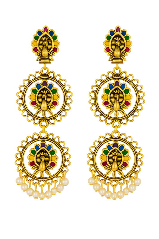 Peacock Design Multi-Color Dangler Earrings with Pearl Drops