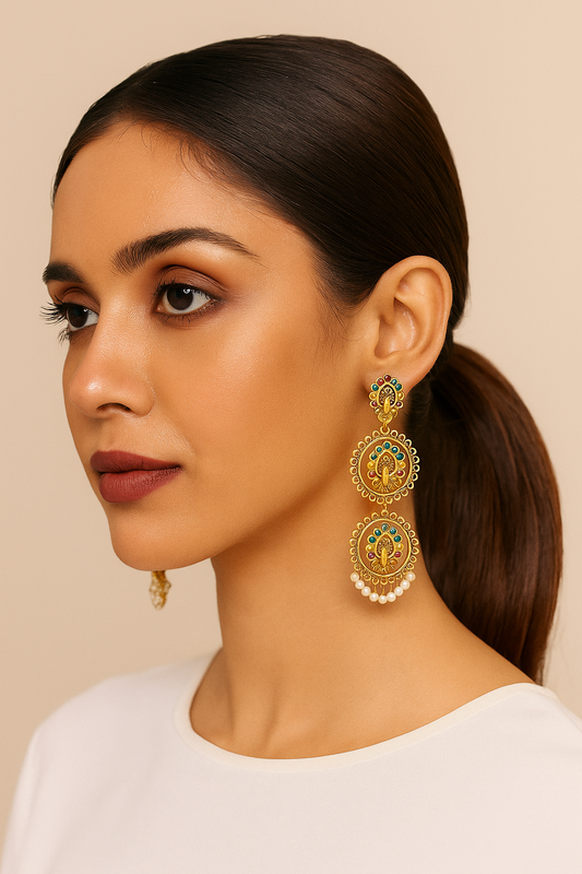 Peacock Design Multi-Color Dangler Earrings with Pearl Drops