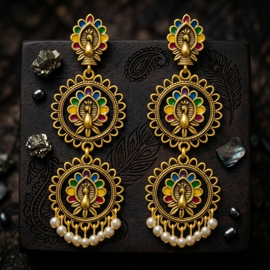 Peacock Design Multi-Color Dangler Earrings with Pearl Drops